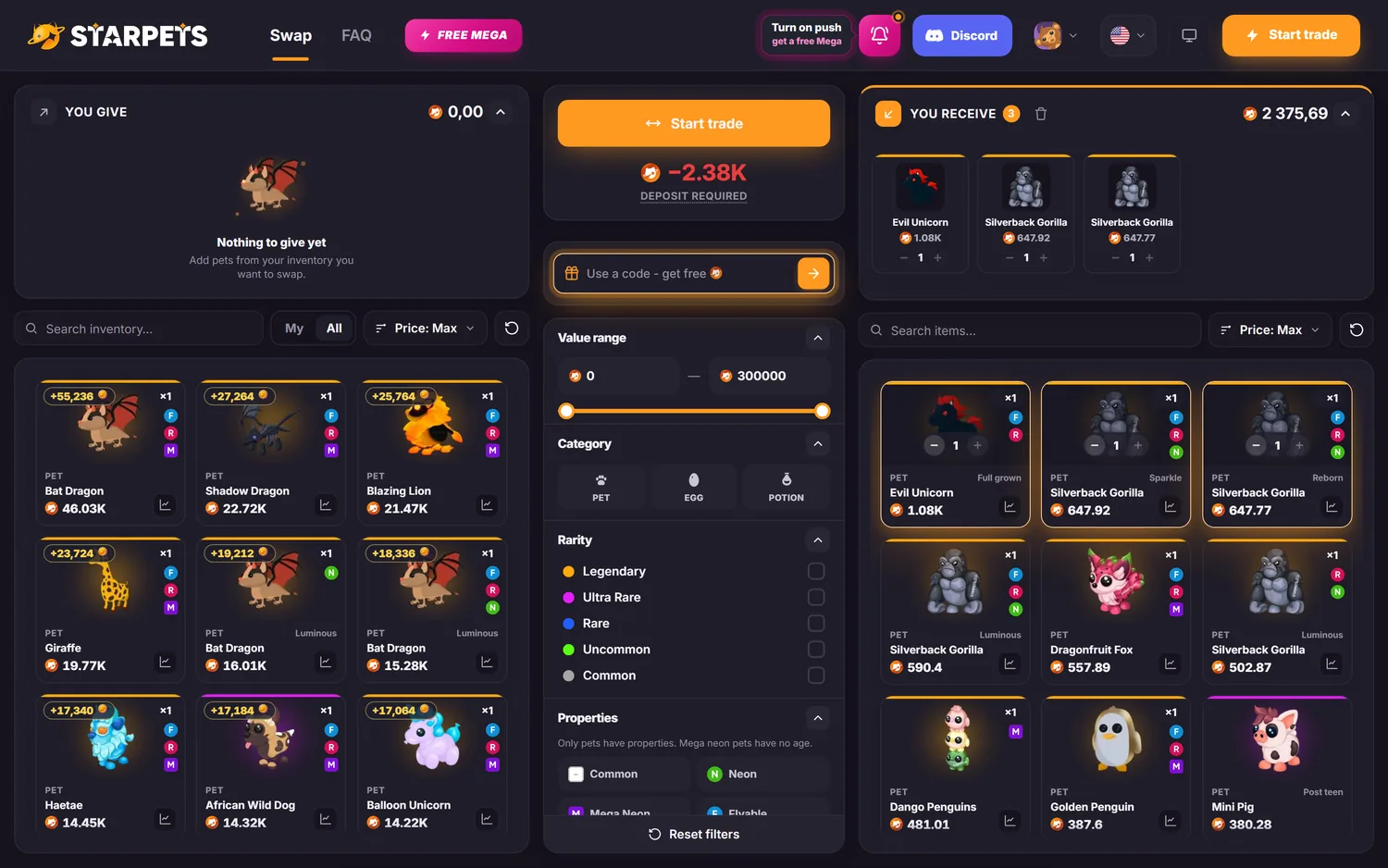 Adopt Me Swap — the trade screen